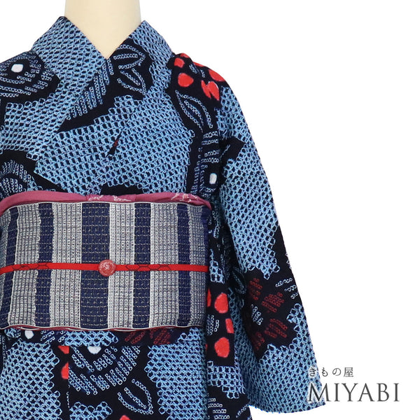 浴衣 リサイクル 夏着物 身丈157.8cm 裄64.4cm 夏物 花柄 有松鳴海本絞り ブルー Mサイズ カジュアル 木綿 洗える着物 バチ衿 Sランク