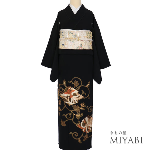 黒留袖 リサイクル 身丈166.7cm 裄66.4cm 袷 鳳凰に花唐草柄 金駒刺繍 比翼付き ブラック LLサイズ フォーマル セミフォーマル 正絹 広衿 Sランク