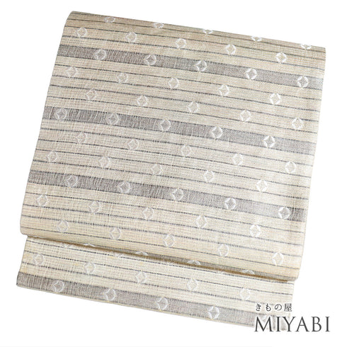 袋帯 リサイクル 帯丈438cm 全通 横縞柄 ベージュ Mサイズ 正絹 Sランク お洒落