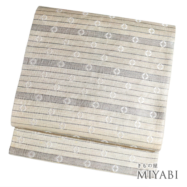 袋帯 リサイクル 帯丈438cm 全通 横縞柄 ベージュ Mサイズ 正絹 Sランク お洒落