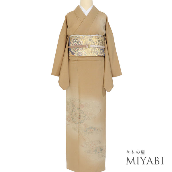 訪問着 リサイクル 身丈155.3cm 裄66.8cm 袷 霞に鳳凰や組紐柄 汕頭刺繍 ブラウン Sサイズ セミフォーマル 一つ紋 正絹 広衿 Aランク