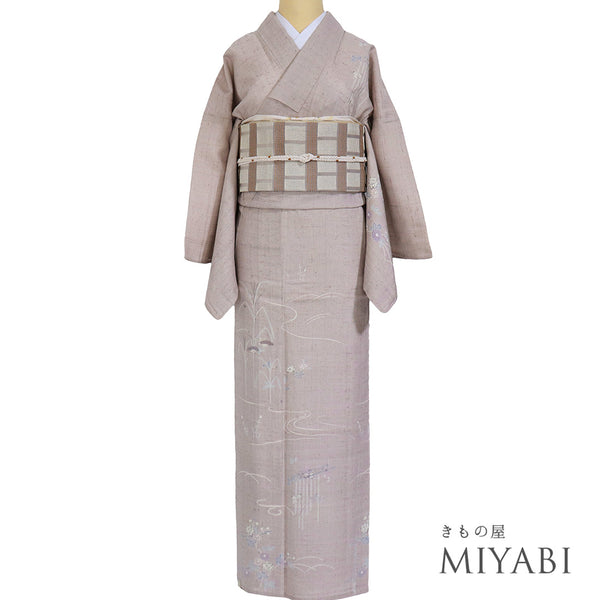 付下げ リサイクル 夏着物 身丈158.5cm 裄68.4cm 夏物 薄物 流水に菊柄 パープル Mサイズ お洒落 不明 広衿 Bランク