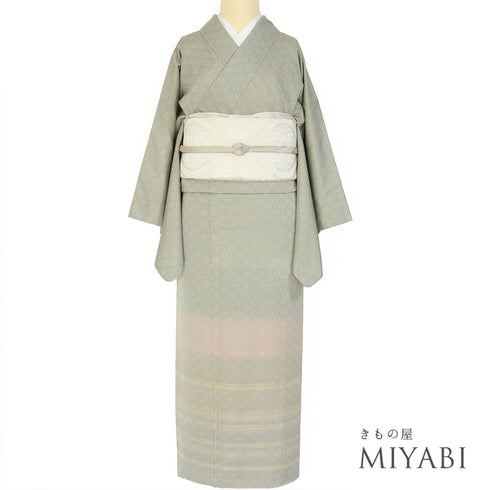 訪問着 リサイクル 身丈159.5cm 裄64.6cm 袷 織り段ぼかし柄 グリーン Mサイズ セミフォーマル お洒落 落款 一つ紋 正絹 広衿 Sランク