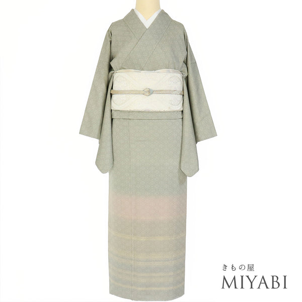 訪問着 リサイクル 身丈159.5cm 裄64.6cm 袷 織り段ぼかし柄 グリーン Mサイズ セミフォーマル お洒落 落款 一つ紋 正絹 広衿 Sランク