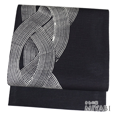 袋帯 リサイクル 帯丈460cm 六通 ポイント柄 曲線柄 夏物 染め 絽 ネイビー LLサイズ 混合 新品・未使用品 お洒落