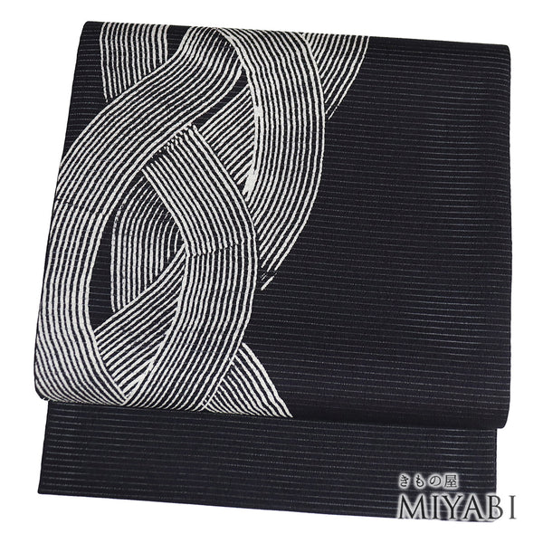 袋帯 リサイクル 帯丈460cm 六通 ポイント柄 曲線柄 夏物 染め 絽 ネイビー LLサイズ 混合 新品・未使用品 お洒落