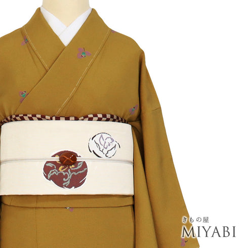 小紋 リサイクル 身丈159cm 裄63.2cm 袷 小花柄 イエロー Mサイズ お洒落 カジュアル 正絹 広衿 Sランク