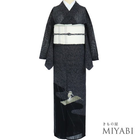 付下げ リサイクル 夏着物 身丈162.8cm 裄66.8cm 紗 雨柄 地紋 池田重子コレクション ブラック Lサイズ お洒落 落款 正絹 広衿 Sランク