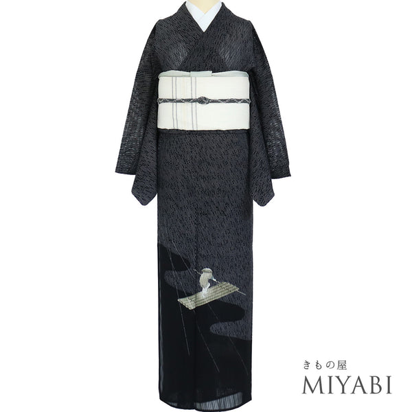 付下げ リサイクル 夏着物 身丈162.8cm 裄66.8cm 紗 雨柄 地紋 池田重子コレクション ブラック Lサイズ お洒落 落款 正絹 広衿 Sランク