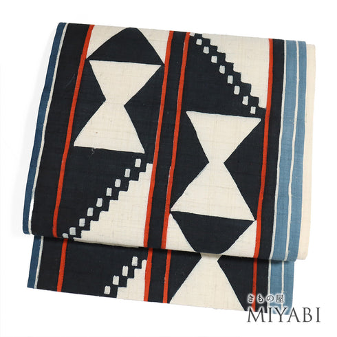 名古屋帯 リサイクル 帯丈367cm 六通 幾何学柄 紬 多色 Mサイズ 正絹 Sランク お洒落 カジュアル