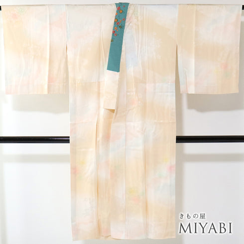 長襦袢 リサイクル 長襦袢 身丈127.5cm 裄68.8cm 袷 牡丹柄 地紋 刺繍半衿 後身頃居敷当て付き ぼかし オレンジ LLサイズ 正絹 袖無双 Sランク