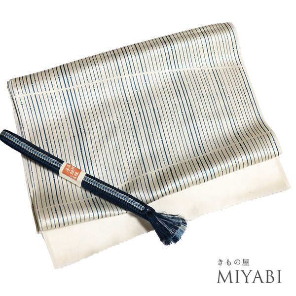 帯締め・帯揚げセット リサイクル カジュアル 手組紐 アイボリー 正絹 新品・未使用品 竹縞