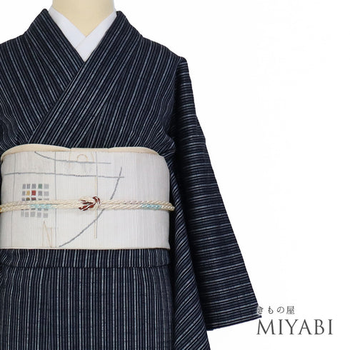 紬 リサイクル 身丈160.2cm 裄63.5cm 袷 縞柄 ネイビー Mサイズ カジュアル お洒落 正絹 広衿 Sランク