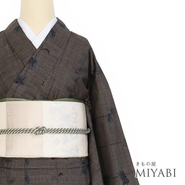 紬 リサイクル 身丈162.5cm 裄65.2cm 袷 蔦柄 ブラウン Lサイズ カジュアル お洒落 正絹 広衿 Aランク