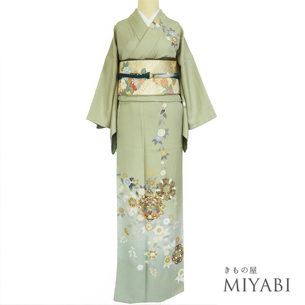 訪問着 リサイクル 身丈158cm 裄63.6cm 袷 作家物 金彩友禅華紋に花鳥模様 グリーン Mサイズ セミフォーマル 正絹 広衿 Sランク