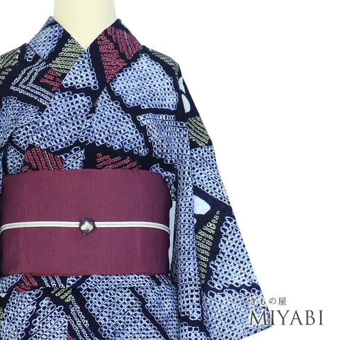 浴衣 リサイクル 夏着物 身丈157.5cm 裄64cm 夏物 絞り ネイビー Mサイズ カジュアル 木綿 洗える着物 バチ衿 Sランク