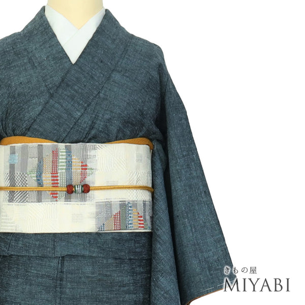 紬 リサイクル 身丈159.4cm 裄63.8cm 袷 ブルー Mサイズ お洒落 カジュアル しつけ糸 正絹 広衿 Sランク