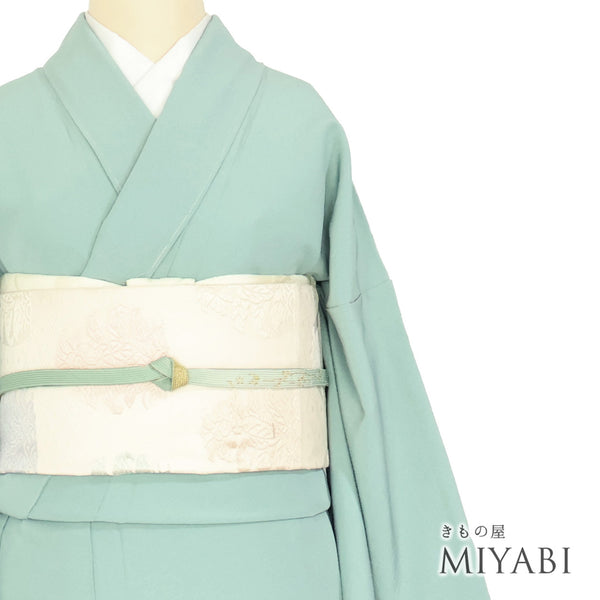色無地 リサイクル 身丈167.3cm 裄66cm 袷 グリーン LLサイズ セミフォーマル お洒落 一つ紋 正絹 広衿 地紋なし Sランク