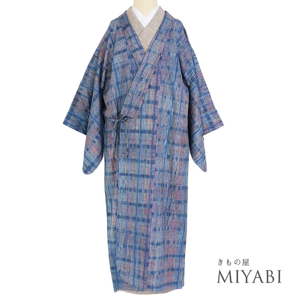 コート リサイクル 身丈123cm 裄64.4cm 単衣 糸瓜衿 ロングコート 絞り ブルー Sサイズ お洒落 正絹 Sランク