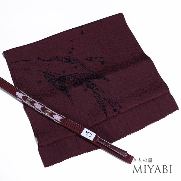 帯締め・帯揚げセット リサイクル 平組紐 ちりめん レッド 正絹 新品・未使用品 草花柄