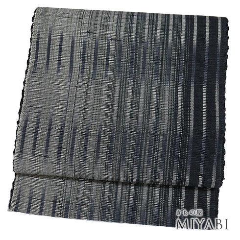 名古屋帯 リサイクル 帯丈384cm 全通 紬 縞柄 ぼかし ネイビー Lサイズ 正絹 Sランク お洒落 カジュアル