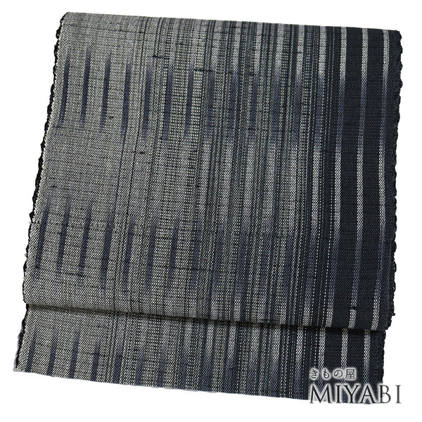 名古屋帯 リサイクル 帯丈384cm 全通 紬 縞柄 ぼかし ネイビー Lサイズ 正絹 Sランク お洒落 カジュアル