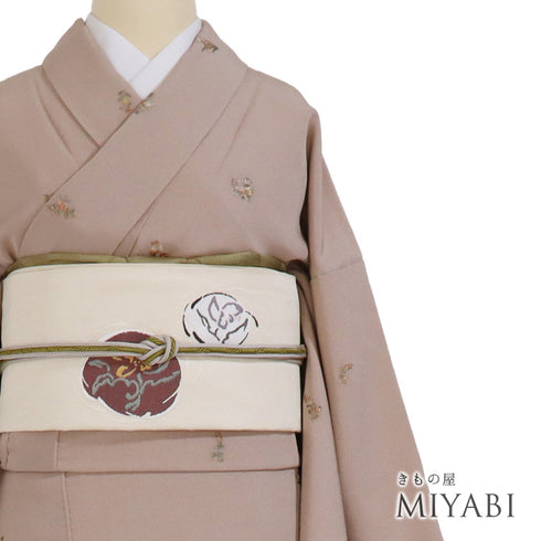 小紋 リサイクル 身丈163.2cm 裄66cm 袷 花などの小花散らし柄 手刺繍 パールトーン加工 ブラウン Lサイズ お洒落 正絹 広衿 Sランク