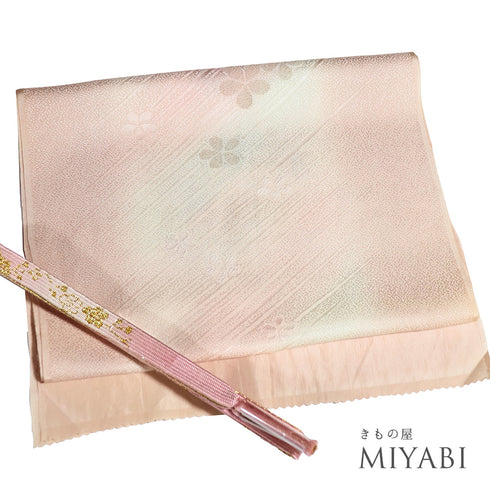 帯締め・帯揚げセット リサイクル お洒落 平組紐 ちりめん ピンク 正絹 Sランク 花柄 ぼかし柄