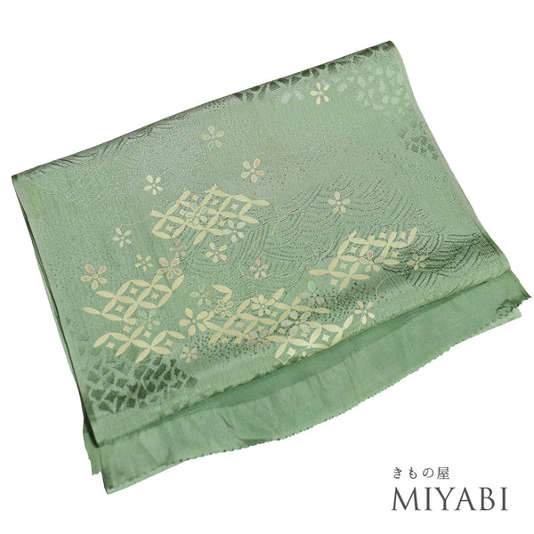 帯揚げ リサイクル ちりめん グリーン 正絹 未使用品 斜め石畳柄 小花柄 地紋