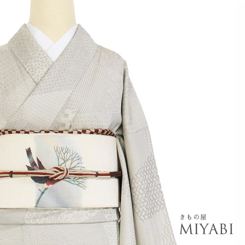 小紋 リサイクル 身丈169cm 裄66.6cm 袷 裂取り柄 お召し 地紋 ベージュ LLサイズ お洒落 正絹 広衿 Sランク