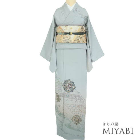 訪問着 リサイクル 身丈159.2cm 裄64.4cm 袷 華文柄 汕頭刺繍 グレー Mサイズ セミフォーマル お洒落 正絹 広衿 Sランク
