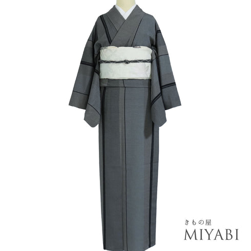 紬 リサイクル 身丈161cm 裄65.4cm 単衣 縞模様 後身頃居敷当て付き グレー Lサイズ カジュアル お洒落 正絹 広衿 Sランク