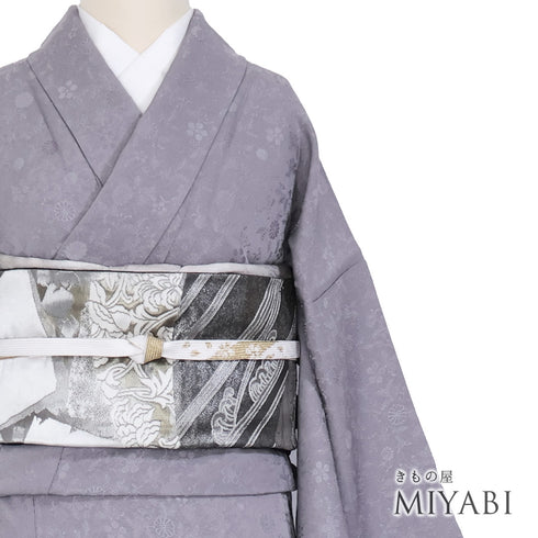 色無地 リサイクル 身丈156.4cm 裄64cm 袷 菊柄 梅鉢柄 パープル Mサイズ お洒落 一つ紋 正絹 広衿 地紋あり Sランク