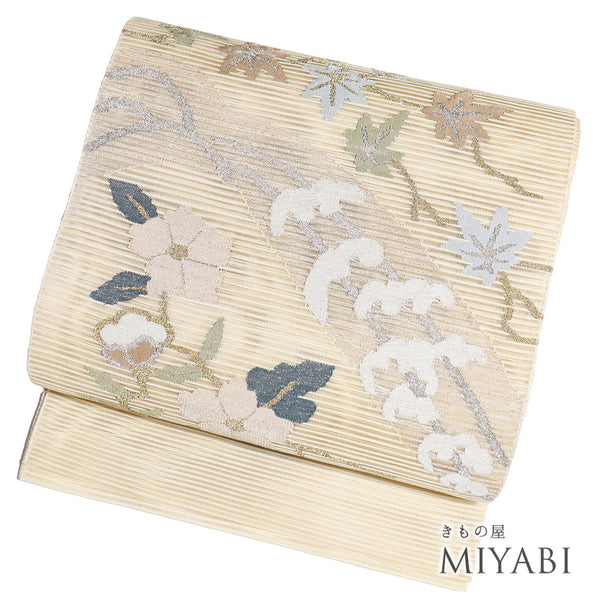 袋帯 リサイクル 帯丈460cm ポイント柄 夏用 花柄 ベージュ LLサイズ 正絹 Sランク お洒落