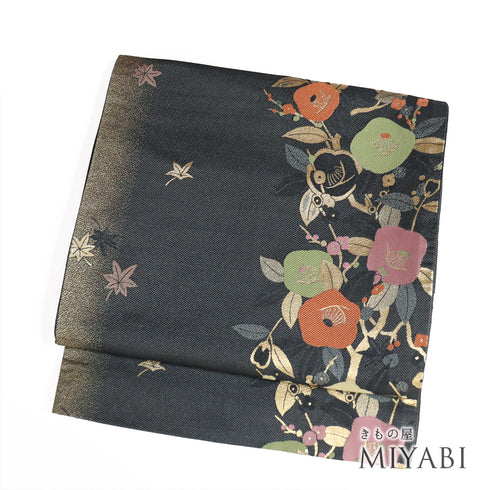 京袋帯 リサイクル 帯丈384cm 六通 楓や椿柄 ブラック Lサイズ ポリエステル Sランク お洒落 カジュアル