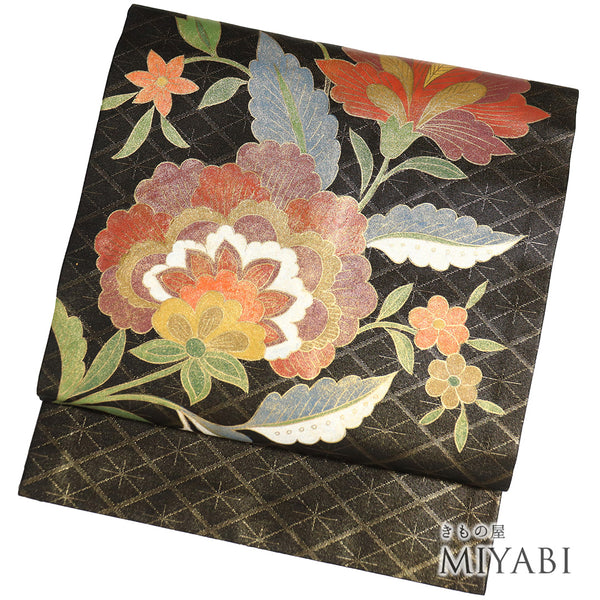 名古屋帯 リサイクル 帯丈350cm ポイント柄 花柄 地紋 ブラック Sサイズ 正絹 Sランク カジュアル お洒落