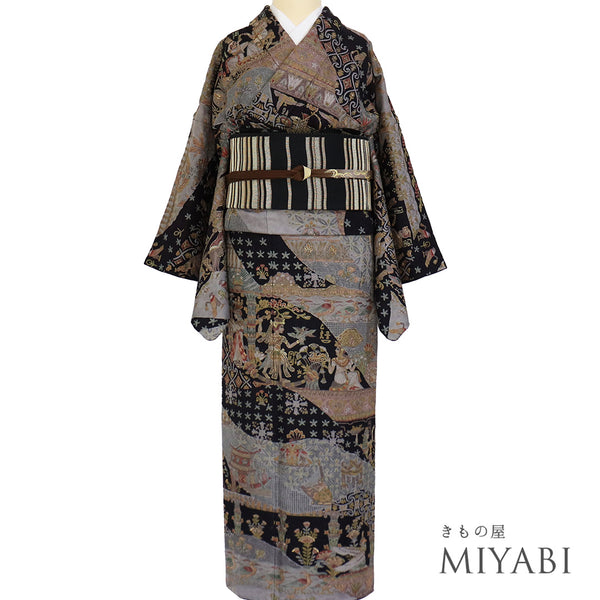 訪問着 リサイクル 身丈164cm 裄66.2cm 袷 汕頭刺繡 ブラック Lサイズ セミフォーマル 正絹 広衿 Sランク