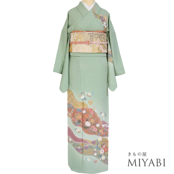 訪問着 リサイクル 身丈167cm 裄67.6cm 袷 花柄 箔 金駒刺繍 グリーン LLサイズ セミフォーマル 正絹 広衿 Aランク