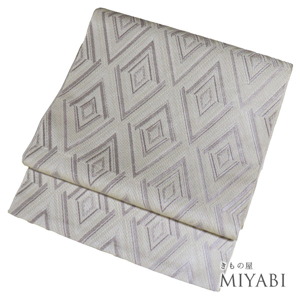 名古屋帯 リサイクル 帯丈393cm 全通 幾何学模様 ホワイト Lサイズ 混合 Sランク カジュアル お洒落