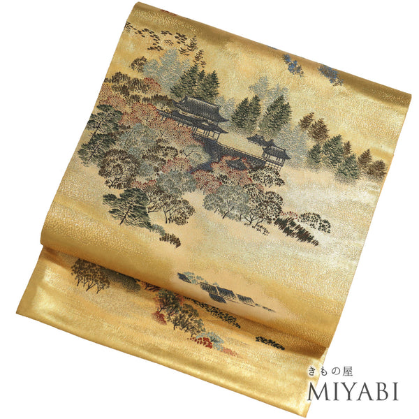 袋帯 リサイクル 帯丈440cm 全通 近江八景 全通全景図 ゴールド Mサイズ 正絹 Sランク フォーマル セミフォーマル