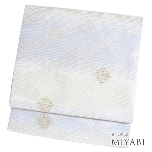 名古屋帯 リサイクル 帯丈373cm 六通 夏物 西陣織2219 ブルー Mサイズ 正絹 新品・未使用品 セミフォーマル お洒落 証紙