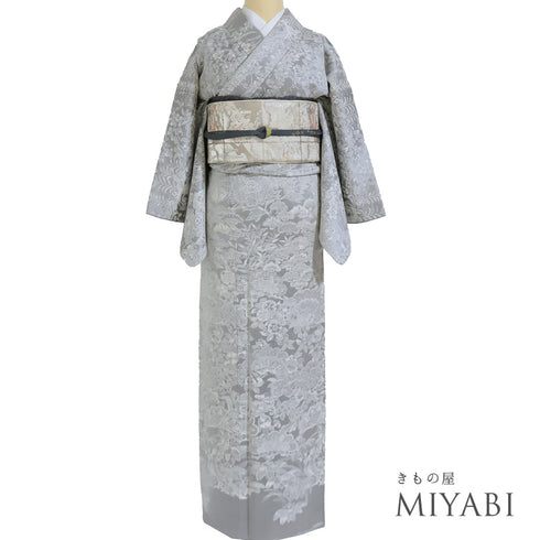 訪問着 リサイクル 身丈163.5cm 裄66cm 袷 鳳凰に花や蝶柄 山岡古都 天目織 グレー Lサイズ お洒落 正絹 広衿 Aランク