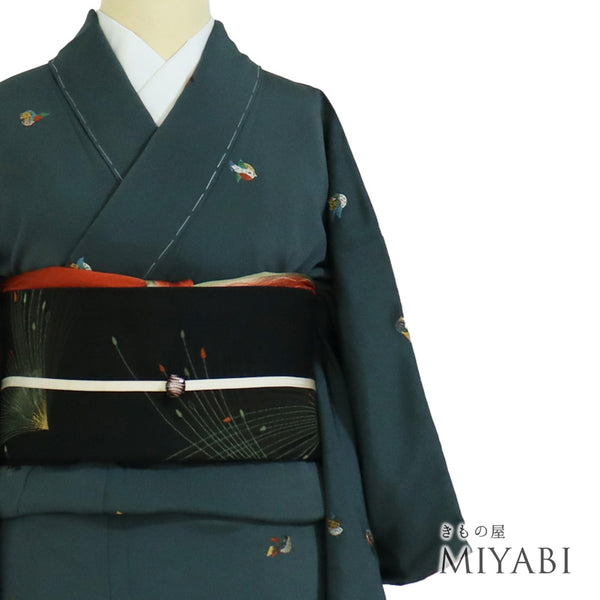 小紋 リサイクル 身丈152.8cm 裄62cm 袷 鳥柄 刺繍 グリーン Sサイズ お洒落 カジュアル 正絹 広衿 Sランク