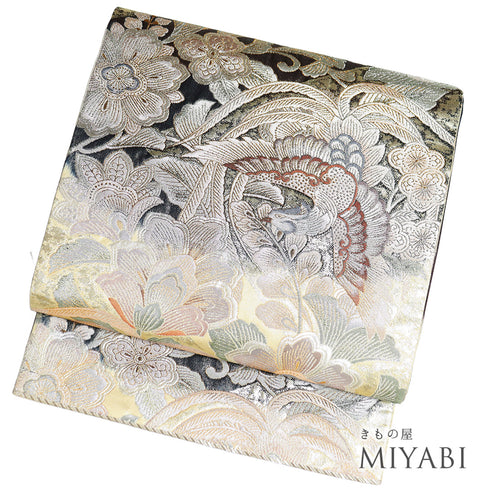 袋帯 リサイクル 帯丈440cm 六通 唐花に鳥柄 ゴールド Mサイズ 正絹 Sランク フォーマル セミフォーマル