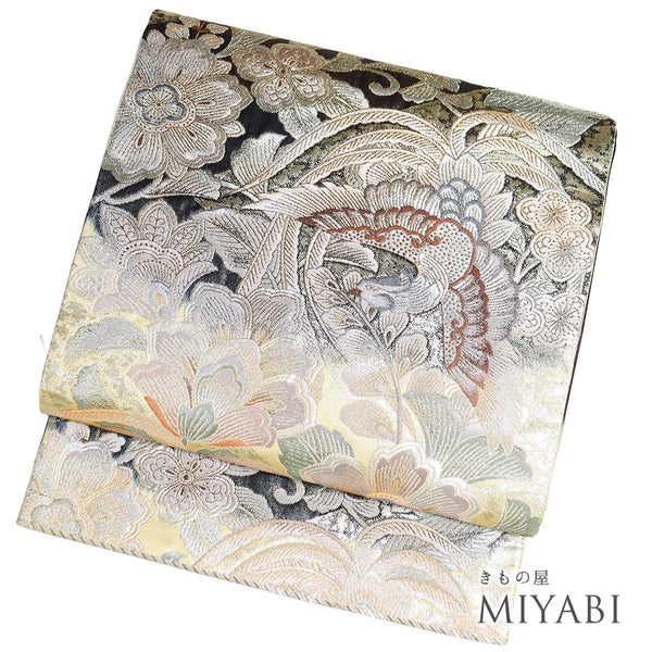 袋帯 リサイクル 帯丈440cm 六通 唐花に鳥柄 ゴールド Mサイズ 正絹 Sランク フォーマル セミフォーマル