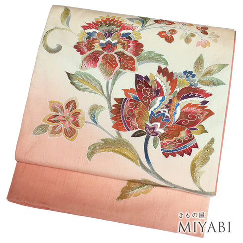 袋帯 リサイクル 帯丈446cm ポイント柄 唐花模様 刺繍染め 結城紬 ピンク Mサイズ 正絹 Sランク お洒落