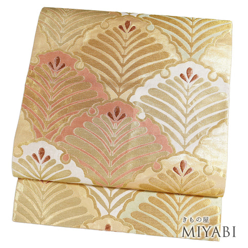 袋帯 リサイクル 帯丈444cm 全通 松葉文 ゴールド Mサイズ 正絹 Aランク フォーマル セミフォーマル