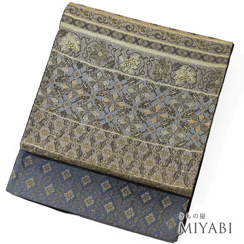 袋帯 リサイクル 帯丈450cm 六通 横段有職文様 西陣織 ゴールド Lサイズ 混合 新品・未使用品 フォーマル セミフォーマル