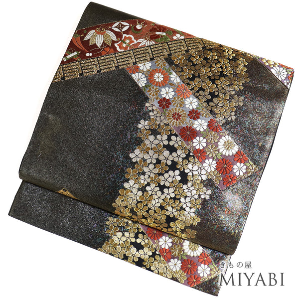 袋帯 リサイクル 帯丈440cm 六通 梅柄 菊柄 源氏香柄 ゴールド Mサイズ 正絹 新品・未使用品ランク フォーマル