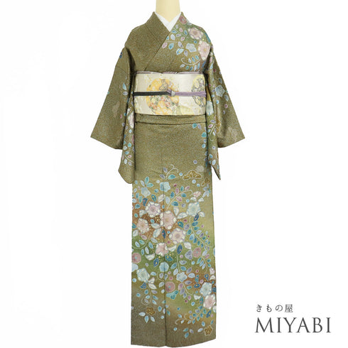 訪問着 リサイクル 身丈154.8cm 裄63.6cm 袷 辻ヶ花文様 箔 後絞り加工 グリーン Sサイズ お洒落 正絹 広衿 Sランク